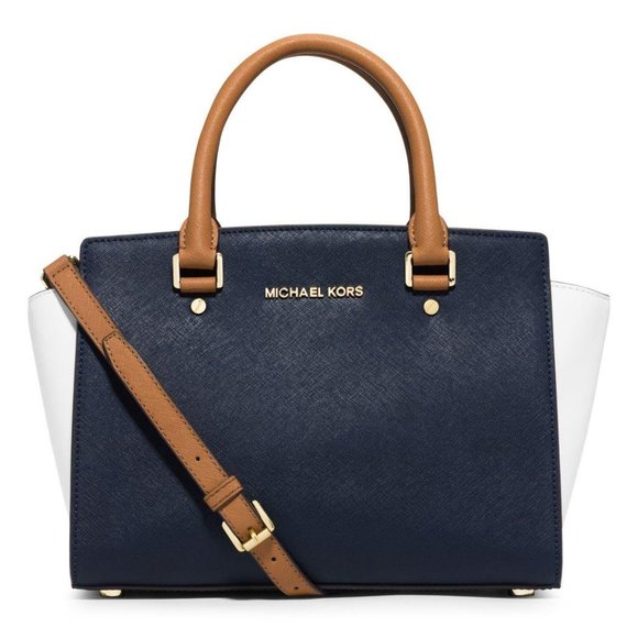 Michael Kors Handbags - MICHAEL KORS Large Selma Tri Colour Top Zip Satchel in Navy, White & Peanut